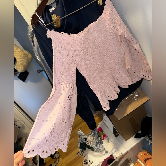 Express Off The Shoulder Smocked Eyelet Lace Bell Sleeve Top - Picture 2 of 6